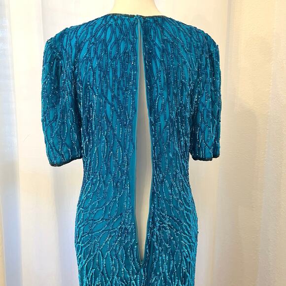 Vintage Laurence Kazar Sequin Sheath Dress L Silk Blue Beaded Party Costume 80s - Picture 7 of 16